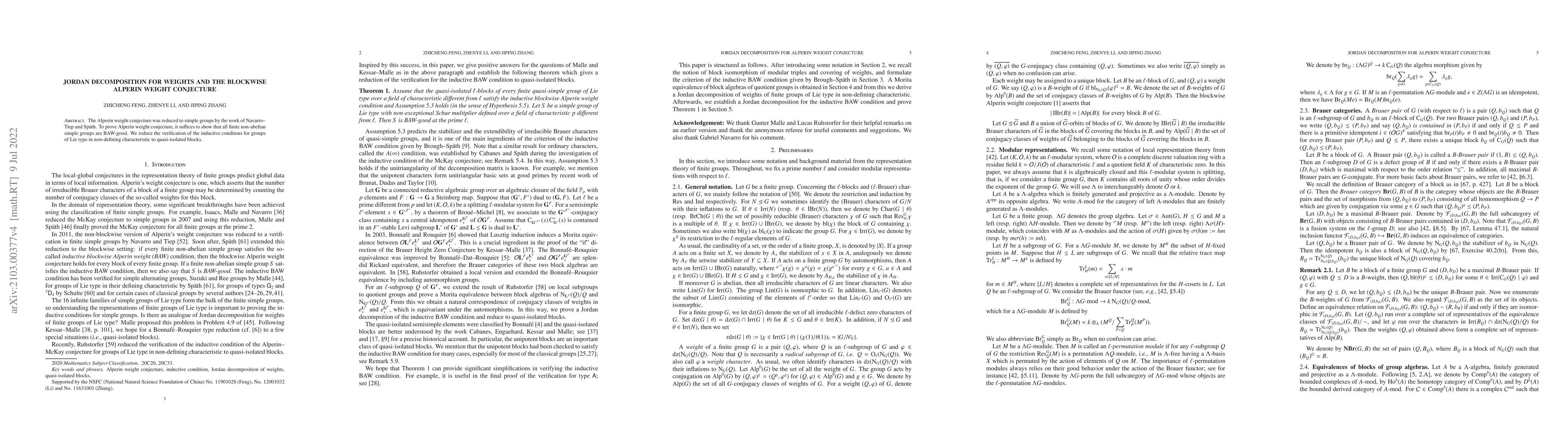 Thumbnail for Jordan decomposition for weights and the blockwise Alperin weight
  conjecture