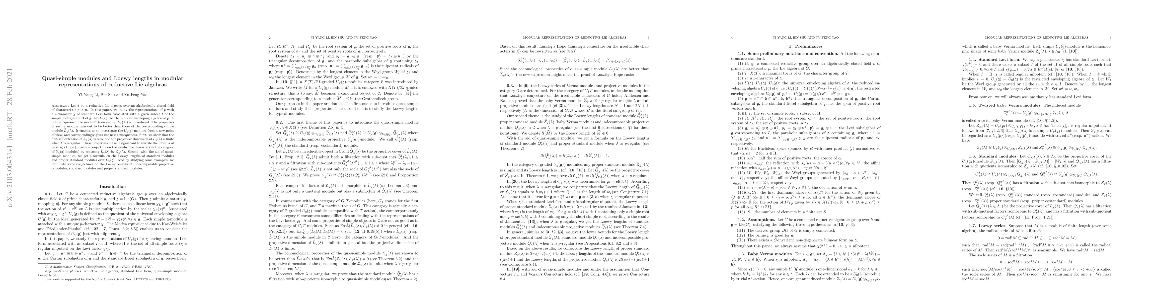 Thumbnail for Quasi-simple modules and Loewy lengths in modular representations of
  reductive Lie algebras