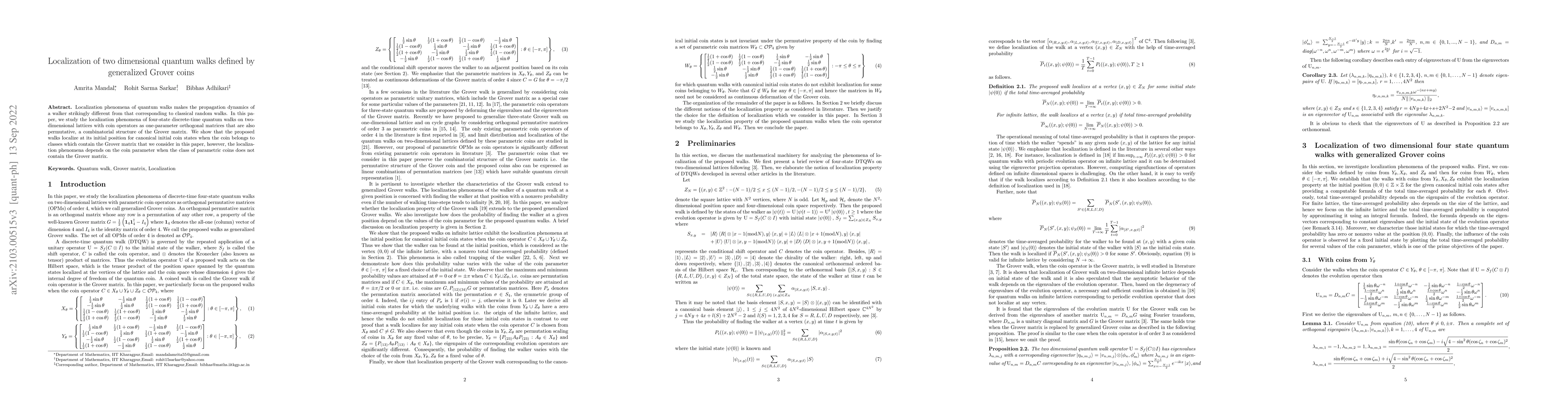 Thumbnail for Localization of two-dimensional quantum walks defined by generalized
  Grover coins