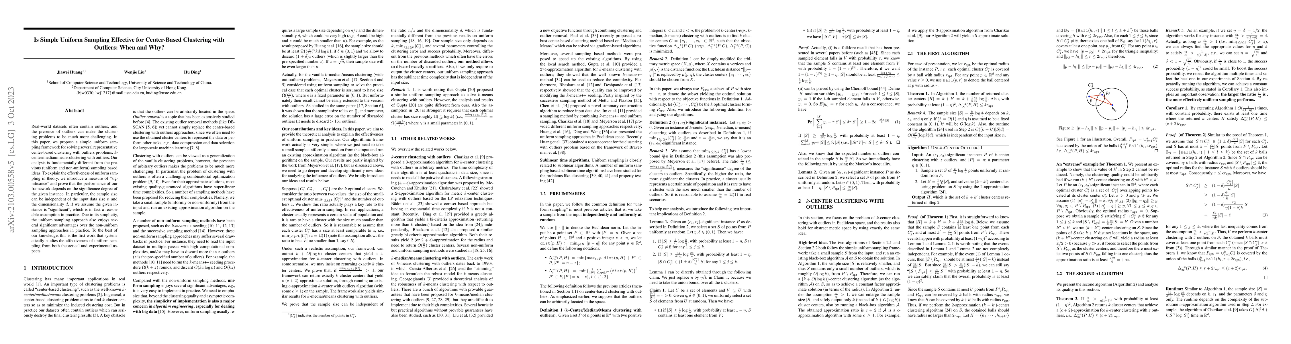 Thumbnail for Is Simple Uniform Sampling Effective for Center-Based Clustering with
  Outliers: When and Why?