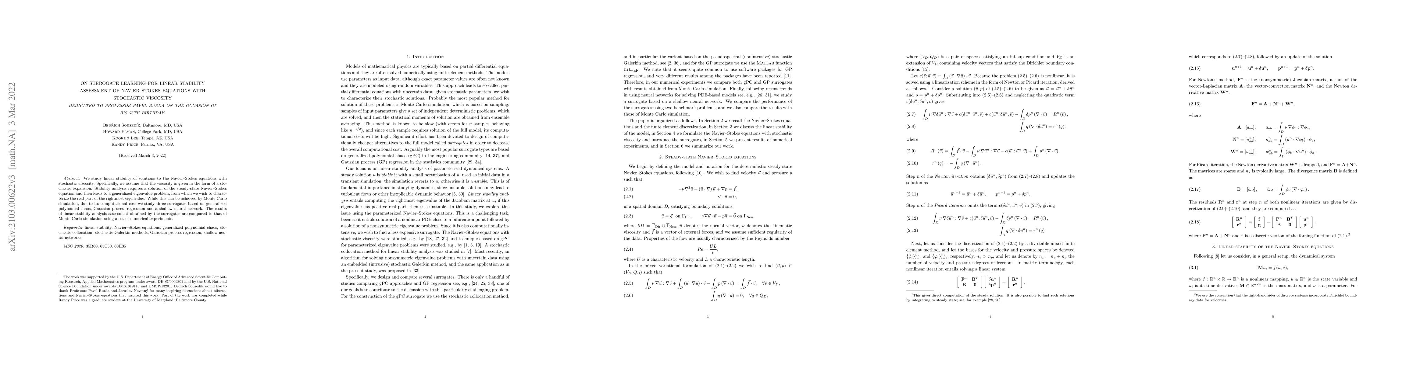 Thumbnail for On Surrogate Learning for Linear Stability Assessment of Navier-Stokes
  Equations with Stochastic Viscosity