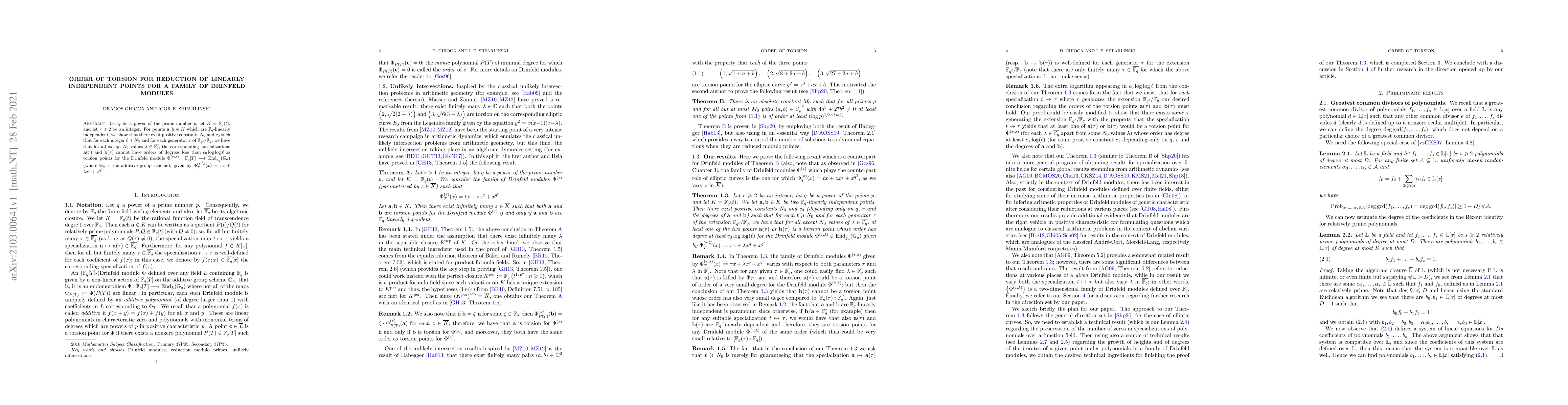 Thumbnail for Order of torsion for reduction of linearly independent points for a
  family of Drinfeld modules