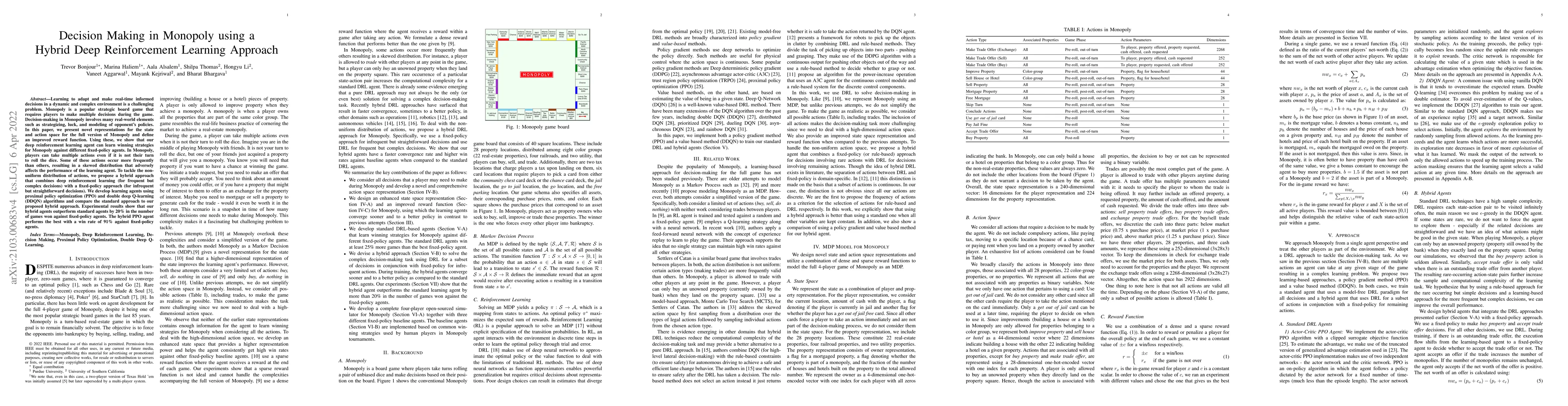 Thumbnail for Decision Making in Monopoly using a Hybrid Deep Reinforcement Learning
  Approach