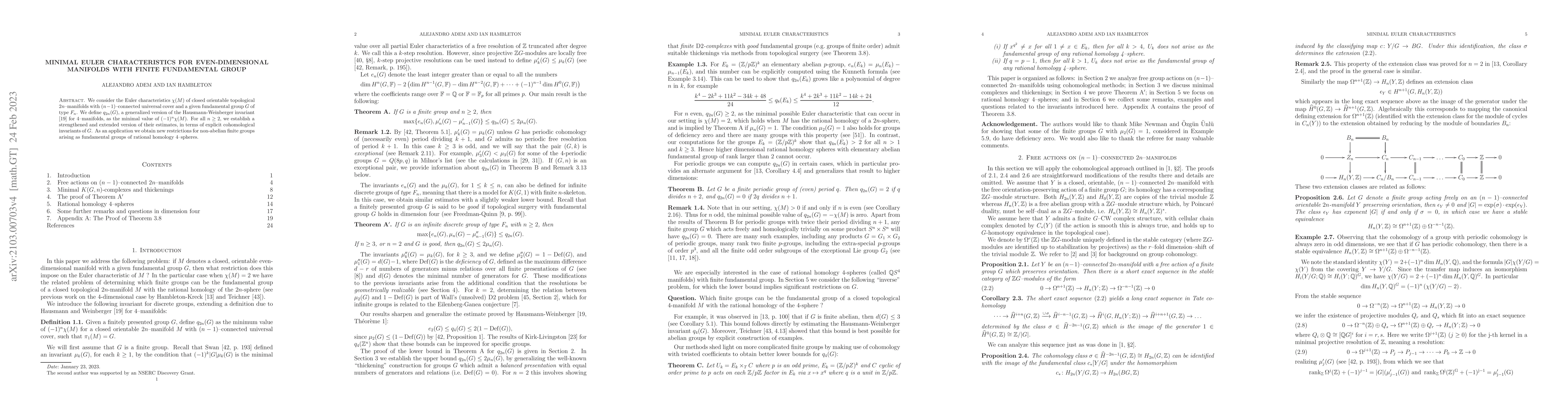 Thumbnail for Minimal Euler Characteristics for Even-Dimensional Manifolds with Finite
  Fundamental Group
