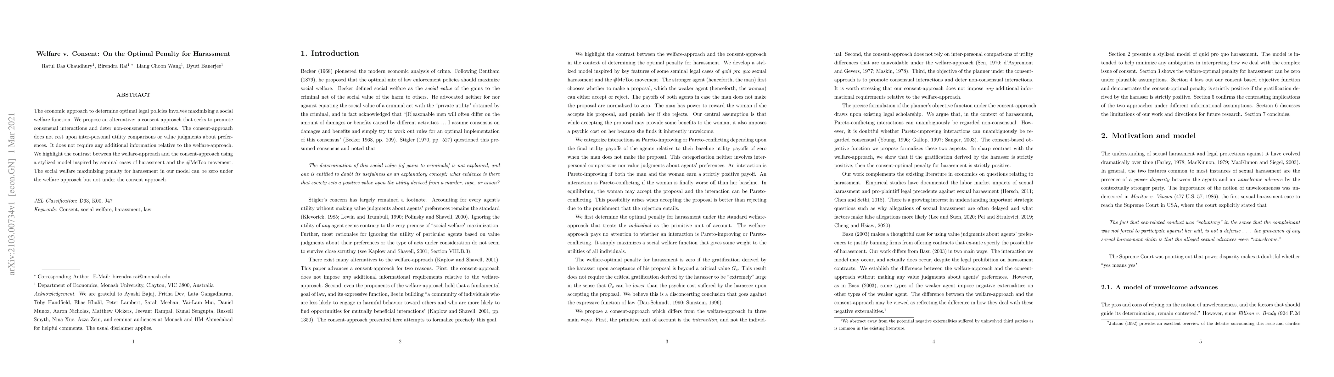 Thumbnail for Welfare v. Consent: On the Optimal Penalty for Harassment