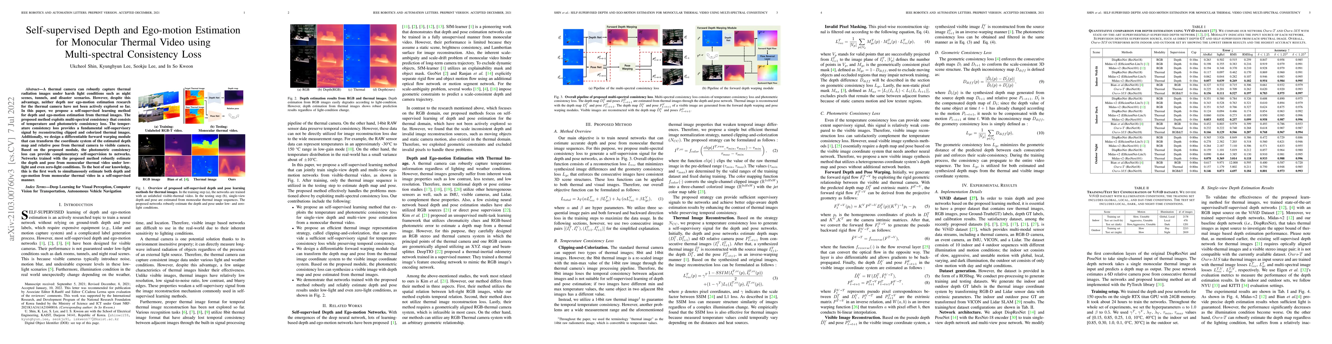 Thumbnail for Self-Supervised Depth and Ego-Motion Estimation for Monocular Thermal
  Video Using Multi-Spectral Consistency Loss
