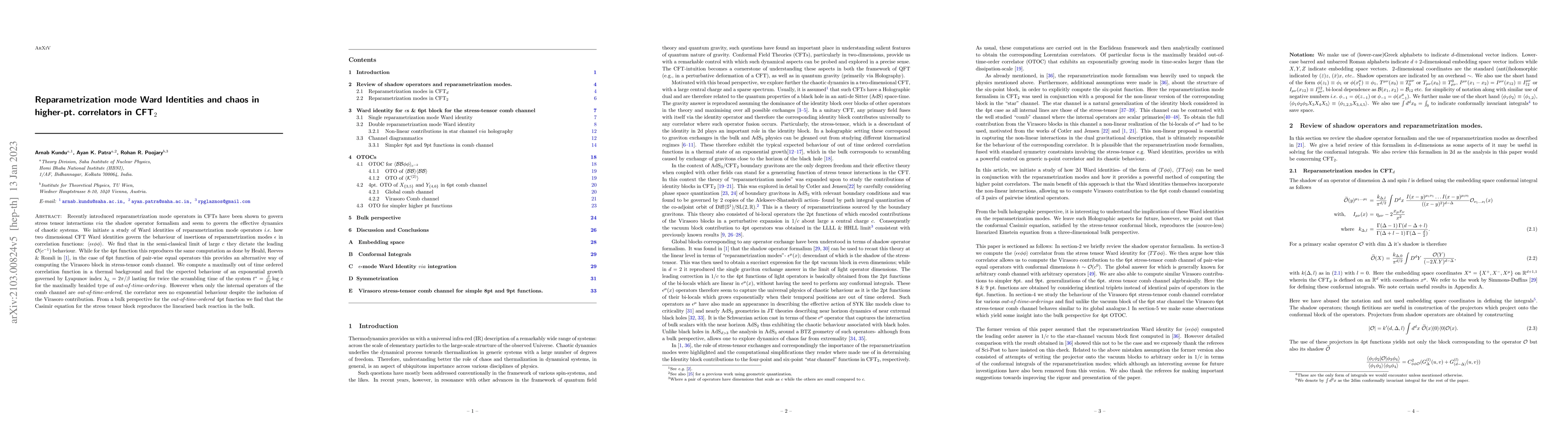 Thumbnail for Reparametrization mode Ward Identities and chaos in higher-pt.
  correlators in CFT$_2$