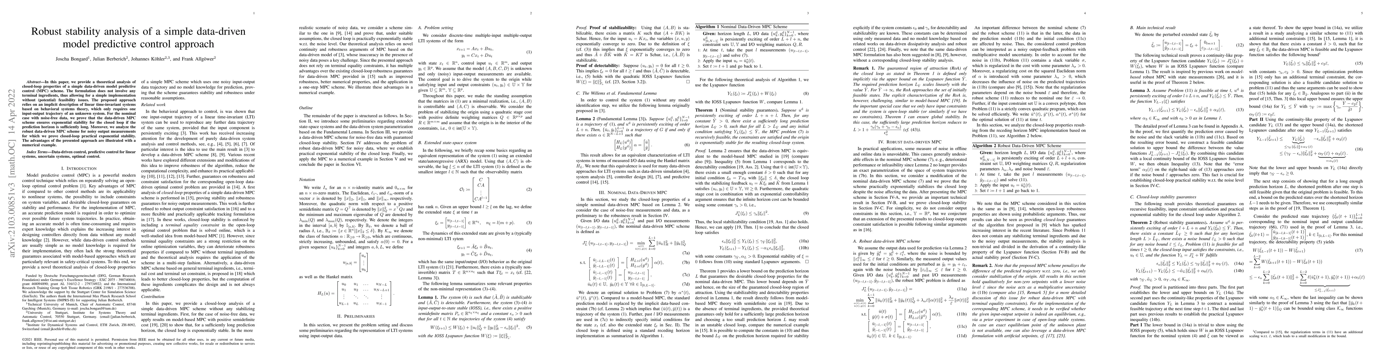 Thumbnail for Robust stability analysis of a simple data-driven model predictive
  control approach