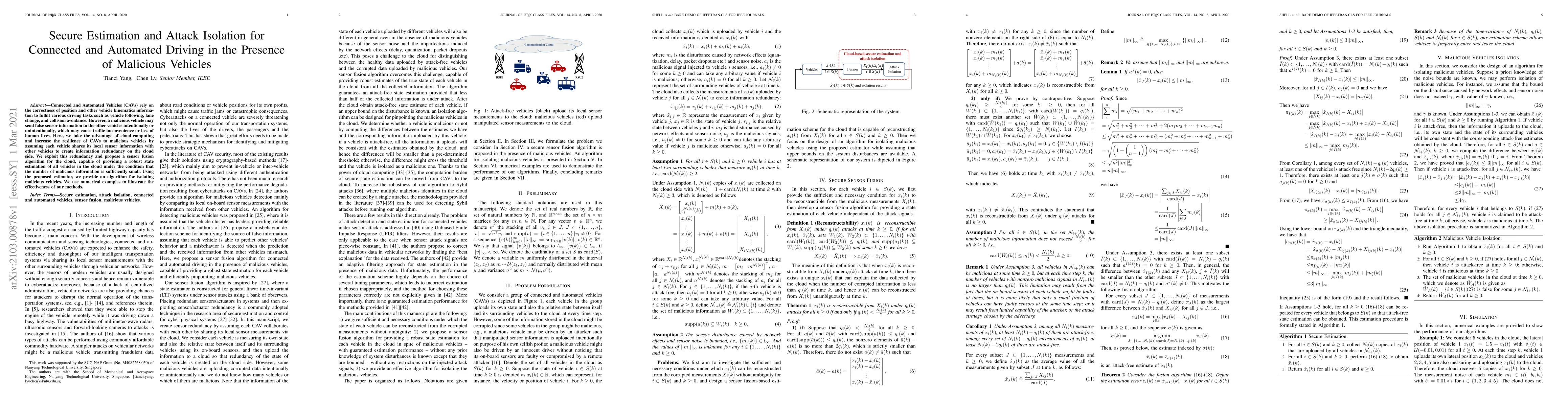 Thumbnail for Secure Estimation and Attack Isolation for Connected and Automated
  Driving in the Presence of Malicious Vehicles