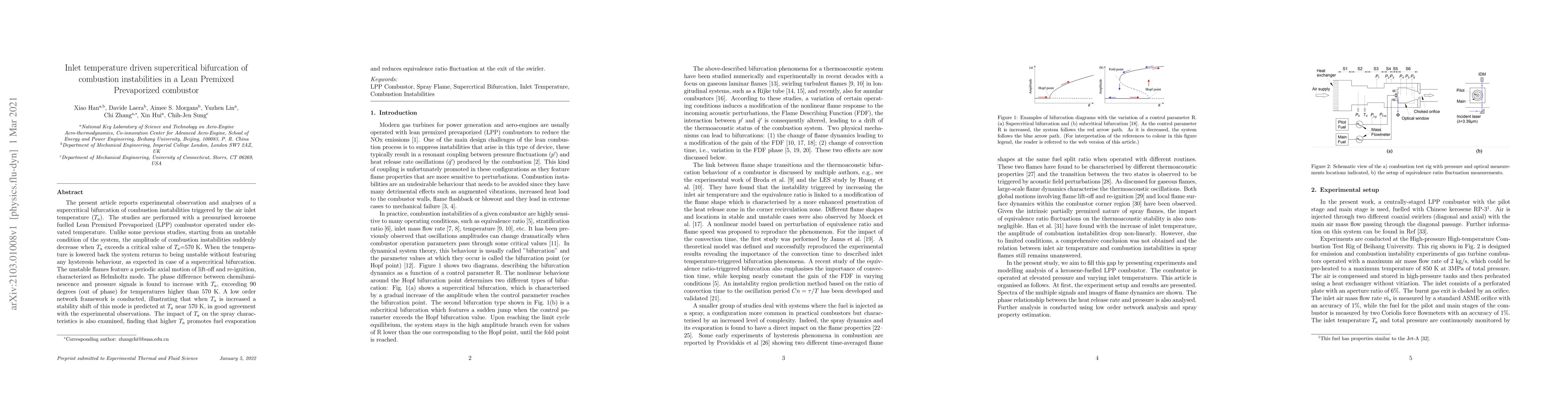 Thumbnail for Inlet temperature driven supercritical bifurcation of combustion
  instabilities in a lean premixed prevaporized combustor