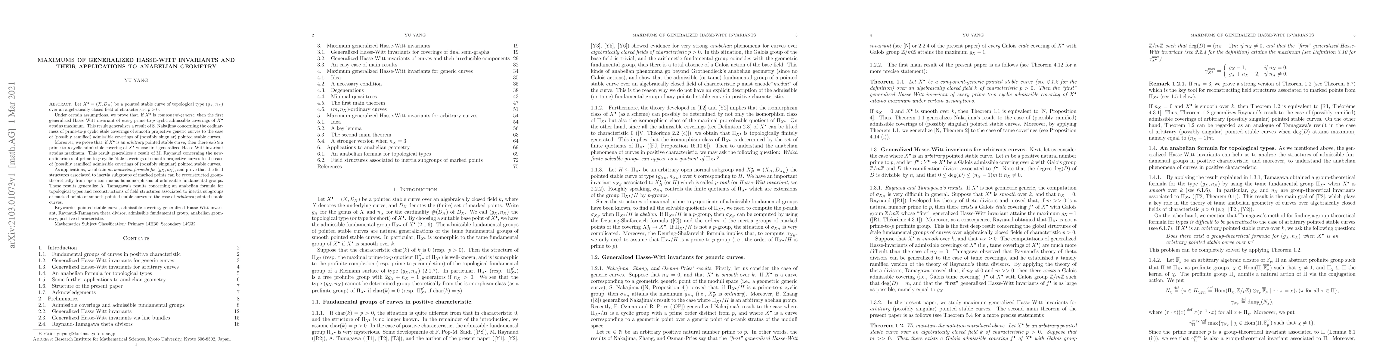 Thumbnail for Maximums of generalized Hasse-Witt invariants and their applications to
  anabelian geometry