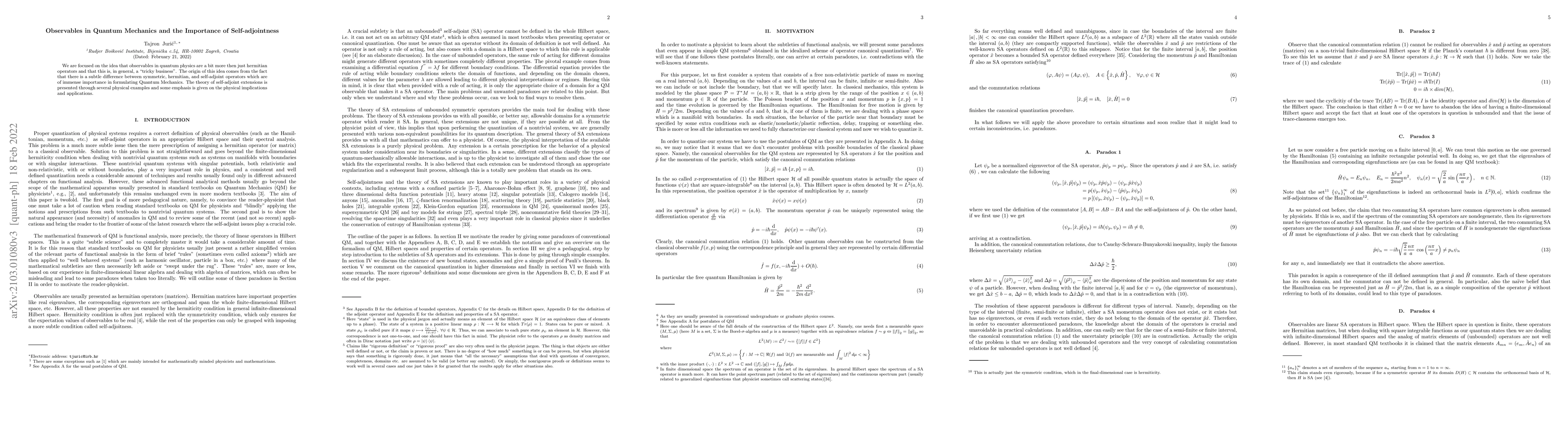 Thumbnail for Observables in Quantum Mechanics and the Importance of Self-adjointness