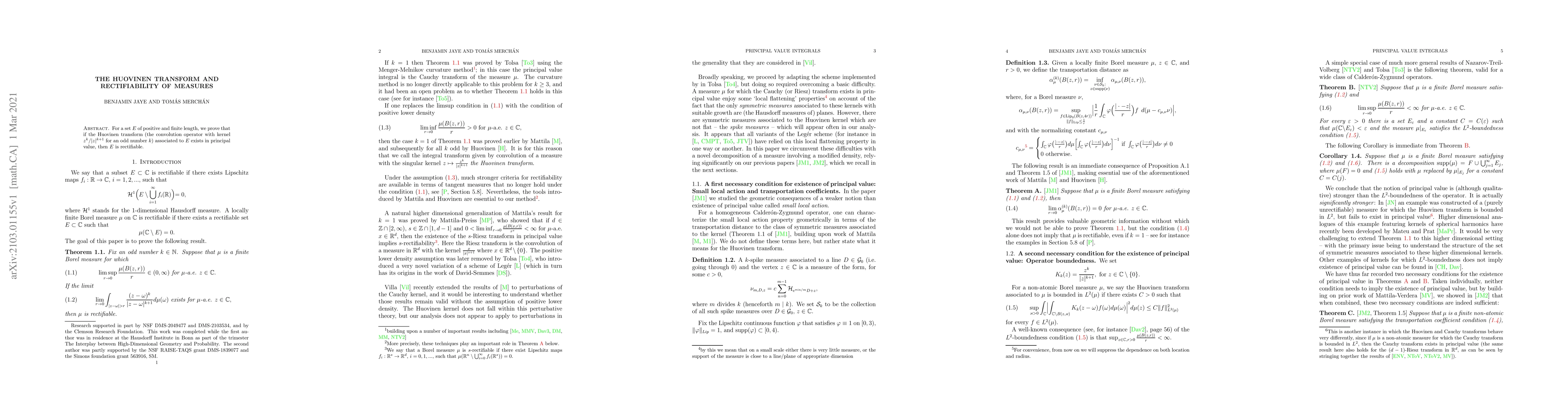Thumbnail for The Huovinen transform and rectifiability of measures