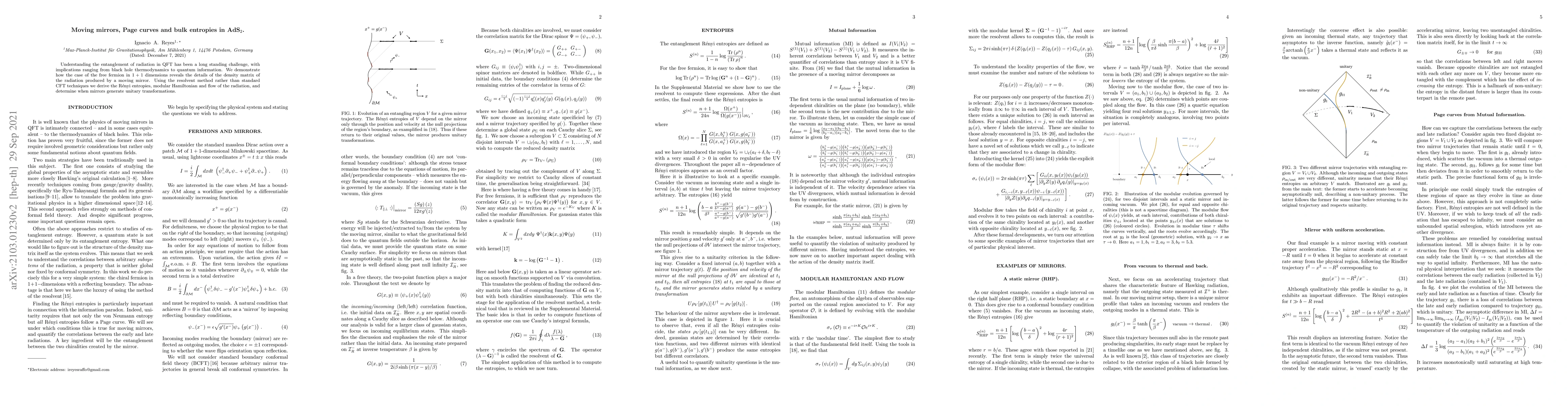 Thumbnail for Moving mirrors, Page curves and bulk entropies in AdS$_2$