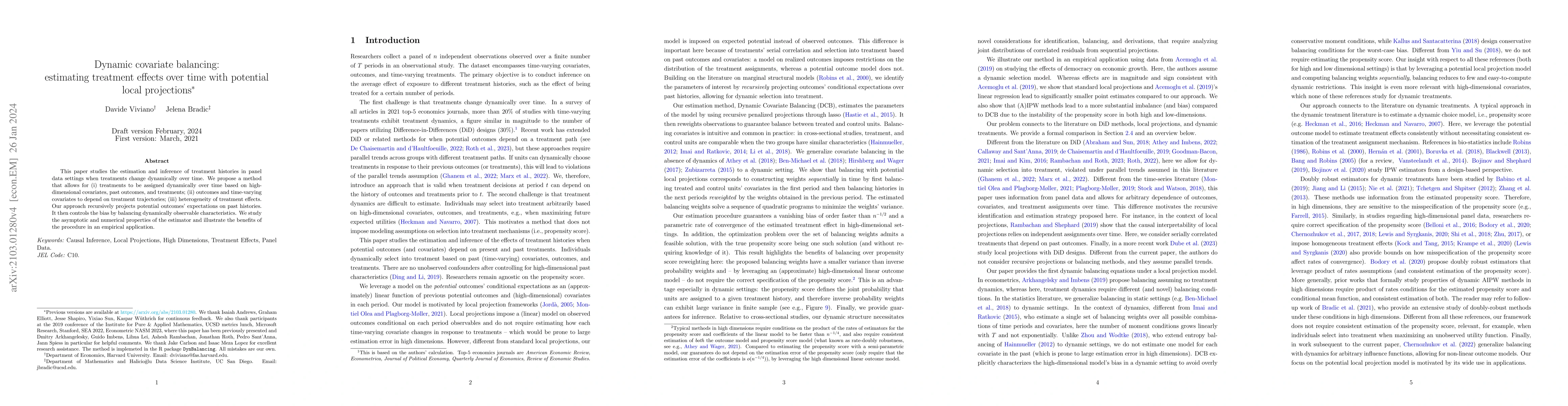 Thumbnail for Dynamic covariate balancing: estimating treatment effects over time with
  potential local projections