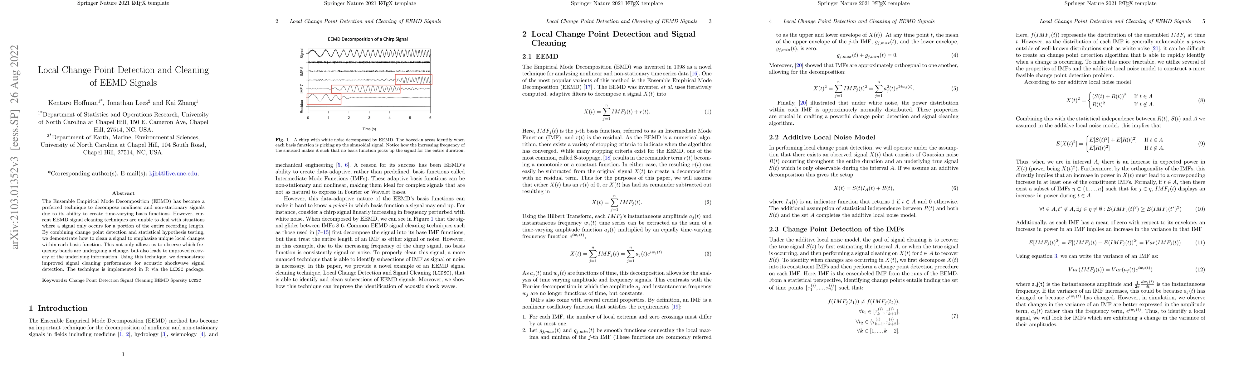 Thumbnail for Local Change Point Detection and Cleaning of EEMD Signals with
  Application to Acoustic Shockwaves