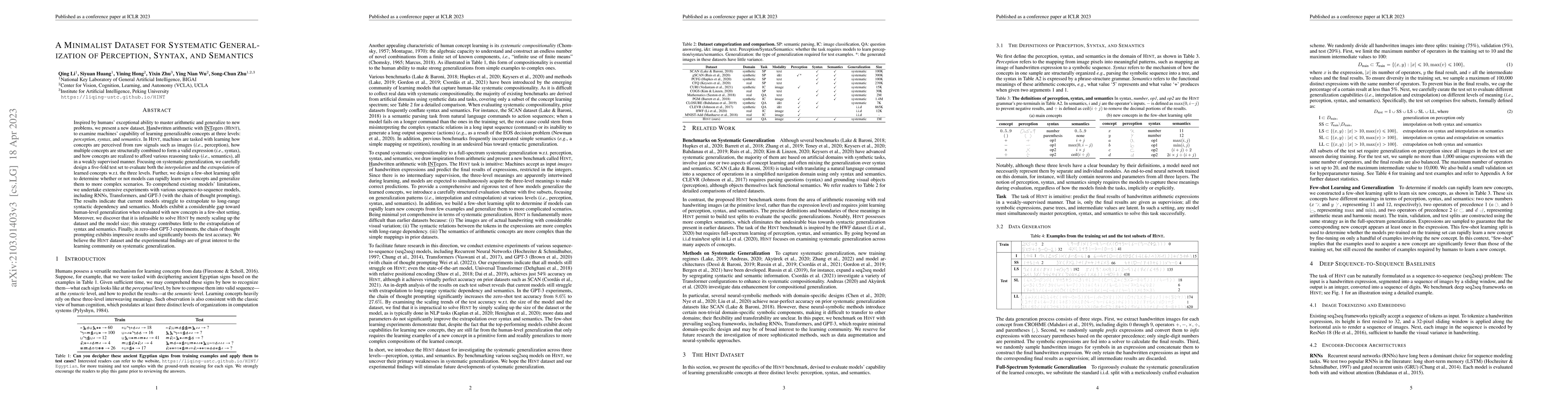 Thumbnail for A Minimalist Dataset for Systematic Generalization of Perception,
  Syntax, and Semantics