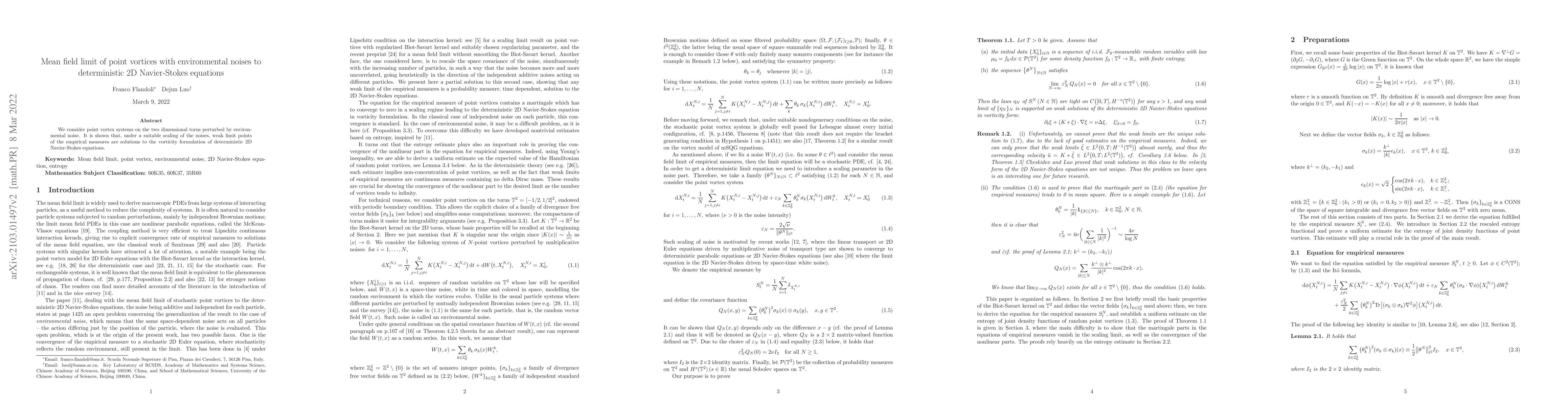 Thumbnail for Mean field limit of point vortices with environmental noises to
  deterministic 2D Navier-Stokes equations