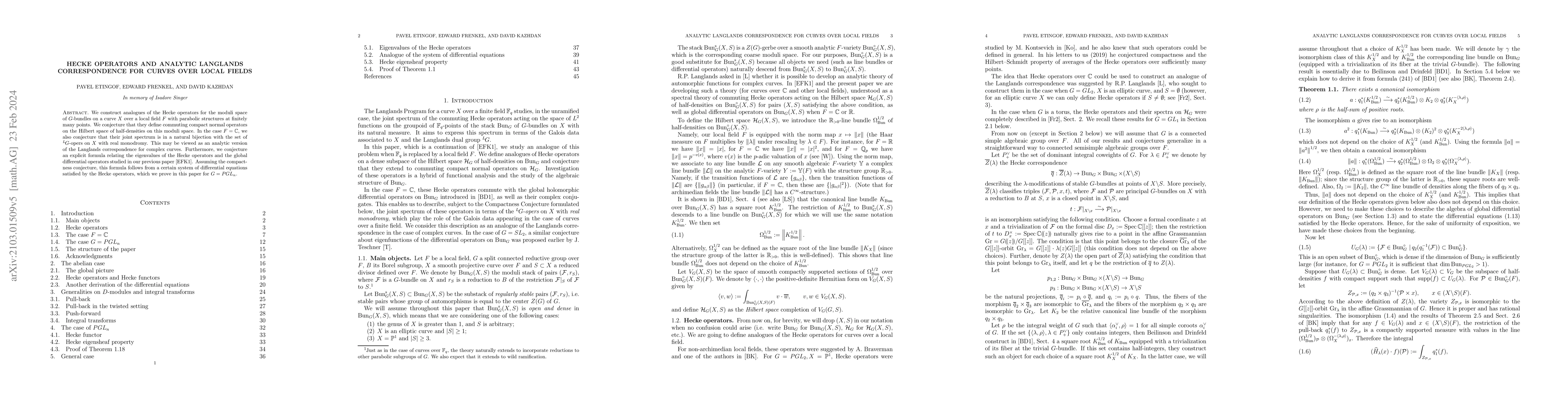 Thumbnail for Hecke operators and analytic Langlands correspondence for curves over
  local fields