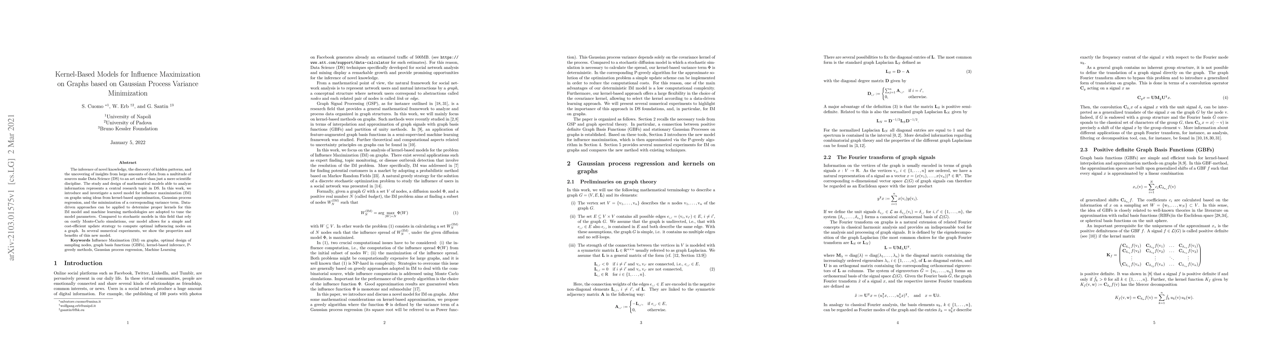 Thumbnail for Kernel-Based Models for Influence Maximization on Graphs based on
  Gaussian Process Variance Minimization