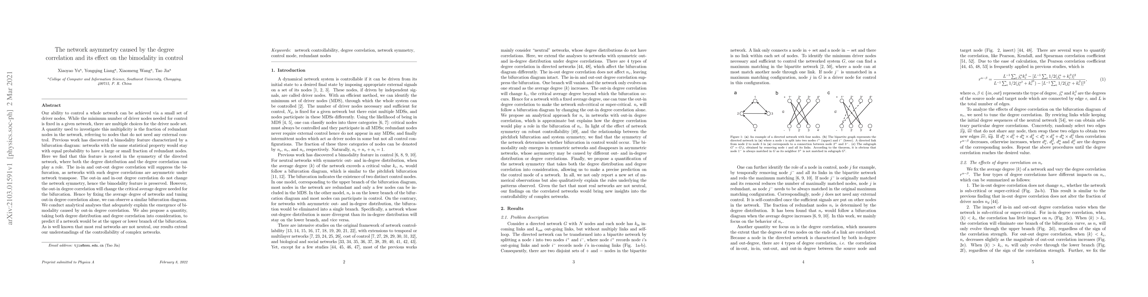 Thumbnail for The network asymmetry caused by the degree correlation and its effect on
  the bimodality in control