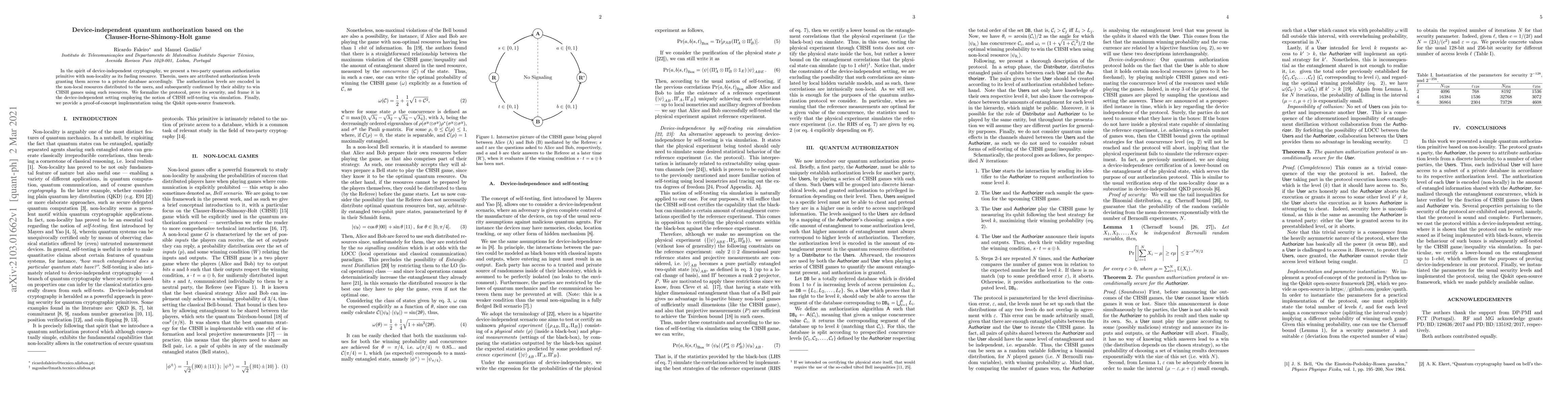 Thumbnail for Device-independent quantum authorization based on the
  Clauser-Horne-Shimony-Holt game