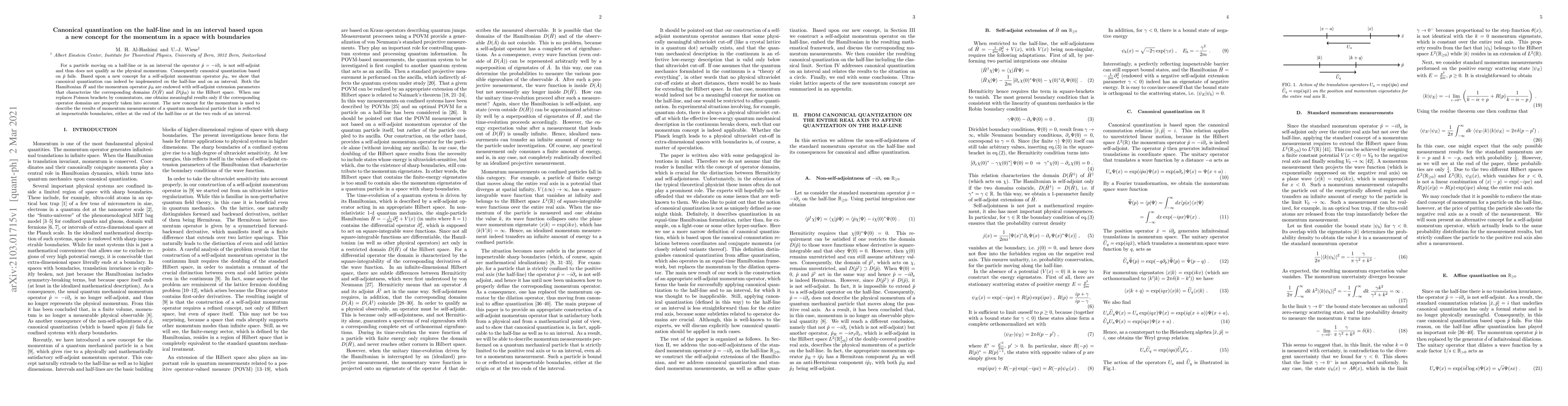 Thumbnail for Canonical quantization on the half-line and in an interval based upon a
  new concept for the momentum in a space with boundaries