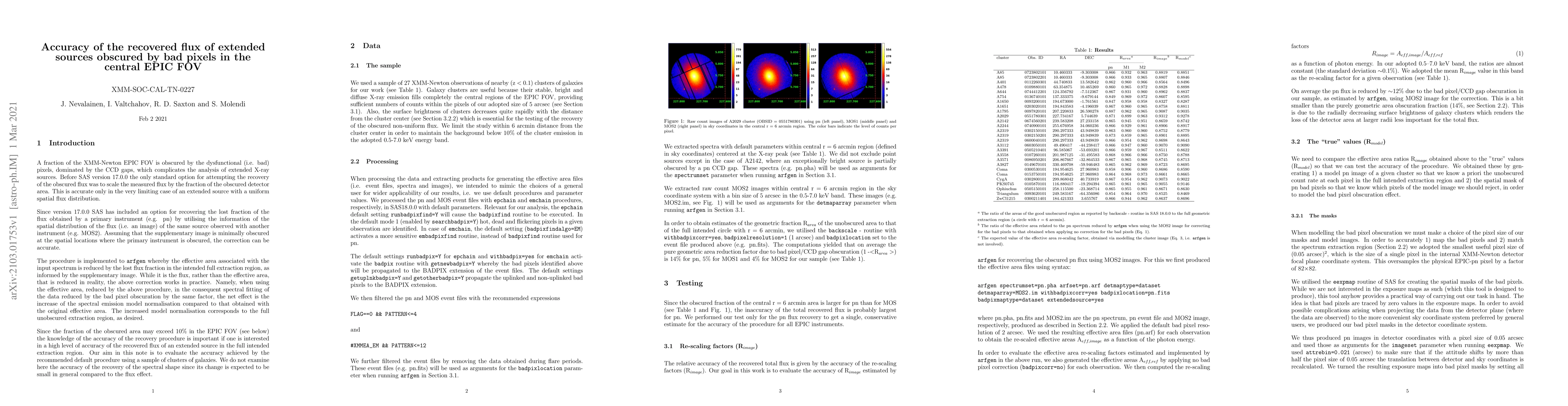 Thumbnail for Accuracy of the recovered flux of extended sources obscured by bad
  pixels in the central EPIC FOV