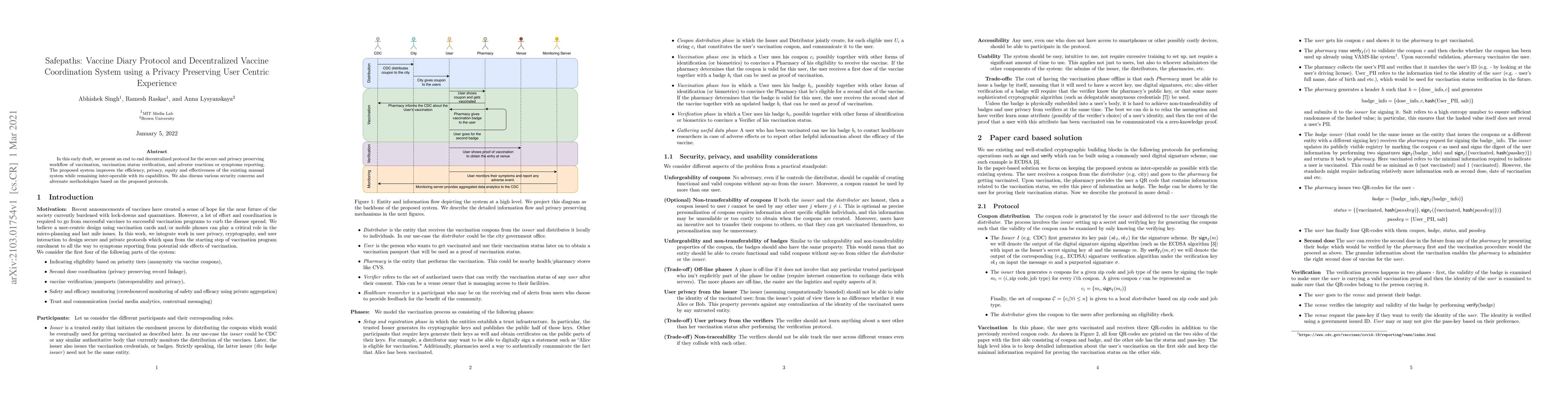 Thumbnail for Safepaths: Vaccine Diary Protocol and Decentralized Vaccine Coordination
  System using a Privacy Preserving User Centric Experience