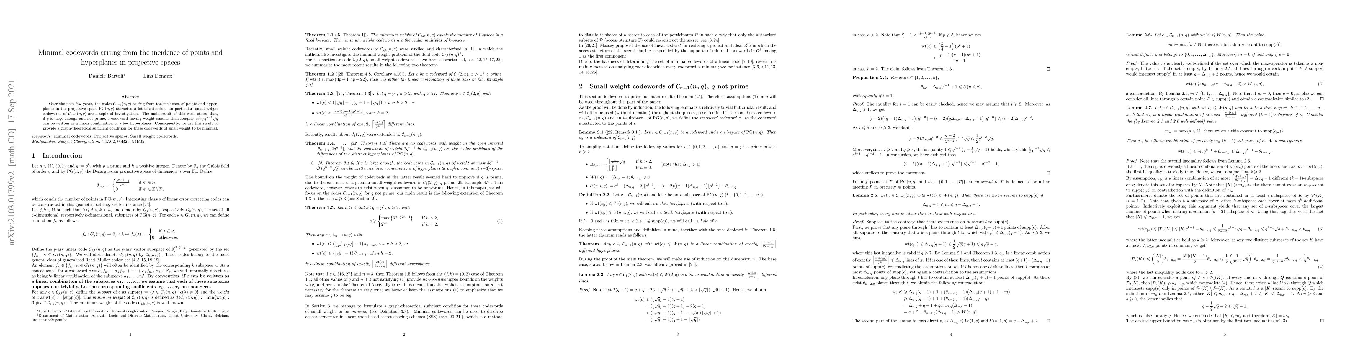 Thumbnail for Minimal codewords arising from the incidence of points and hyperplanes
  in projective spaces