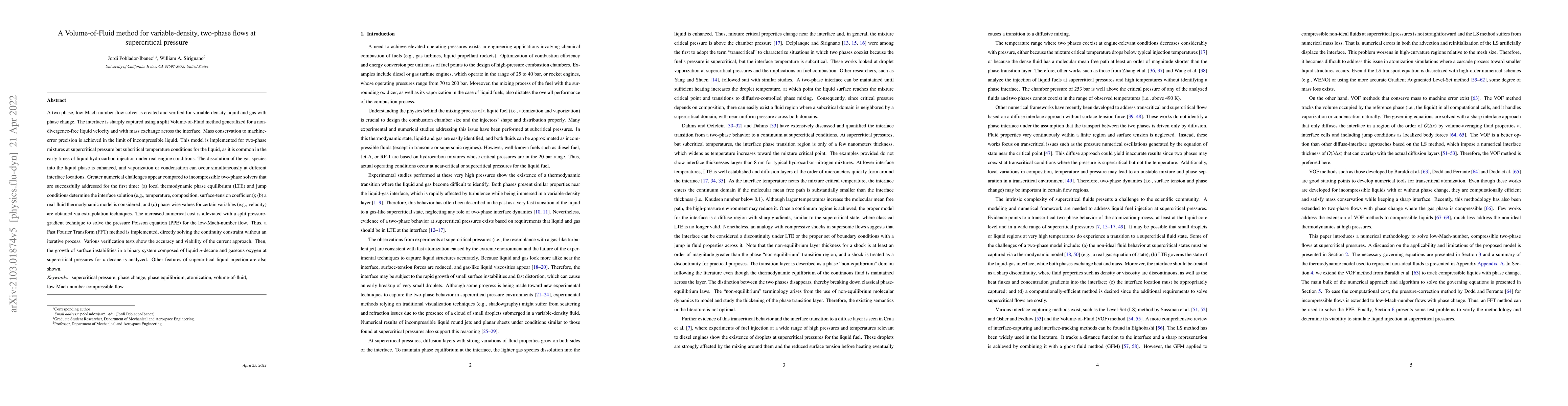 Thumbnail for A Volume-of-Fluid method for variable-density, two-phase flows at
  supercritical pressure
