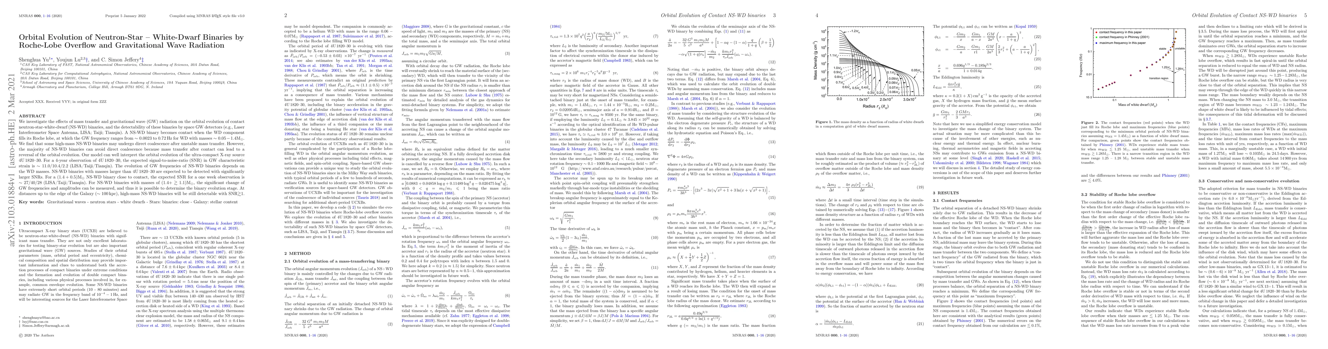 Thumbnail for Orbital Evolution of Neutron-Star -- White-Dwarf Binaries by Roche-Lobe
  Overflow and Gravitational Wave Radiation