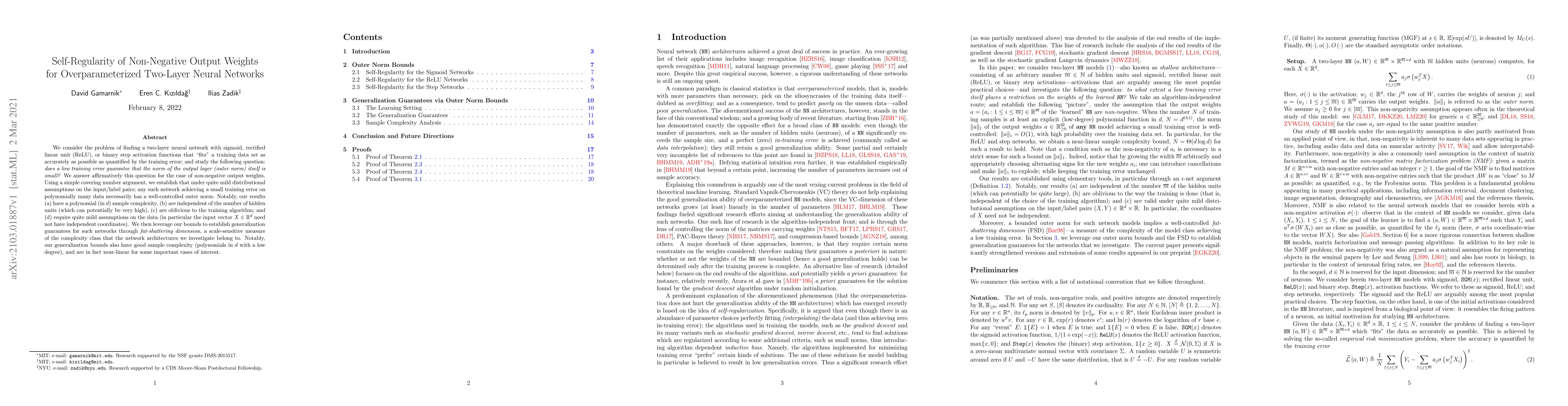 Thumbnail for Self-Regularity of Non-Negative Output Weights for Overparameterized
  Two-Layer Neural Networks
