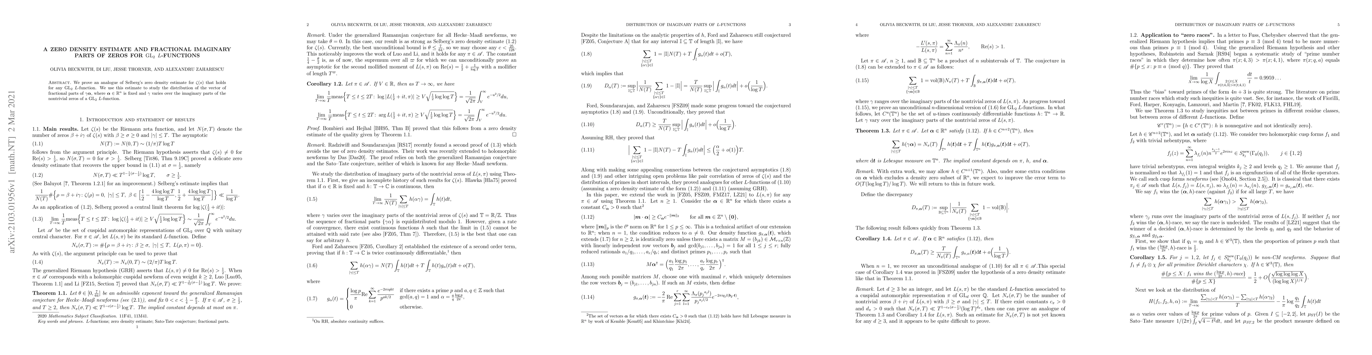 Thumbnail for A zero density estimate and fractional imaginary parts of zeros for
  $\mathrm{GL}_2$ $L$-functions
