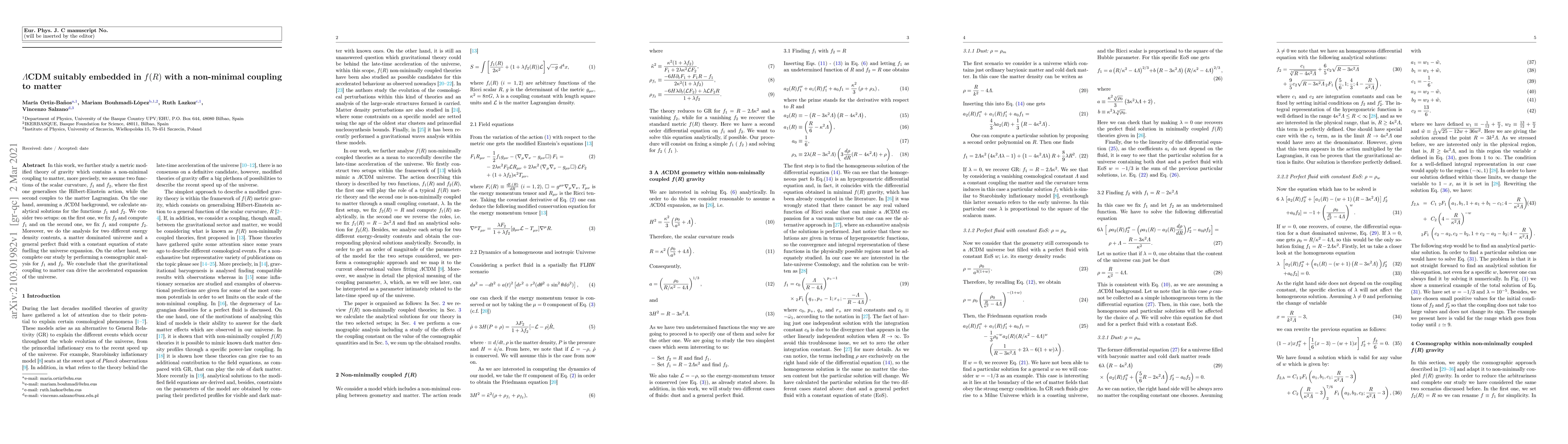 Thumbnail for {\Lambda}CDM suitably embedded in f(R) with a non-minimal coupling to
  matter