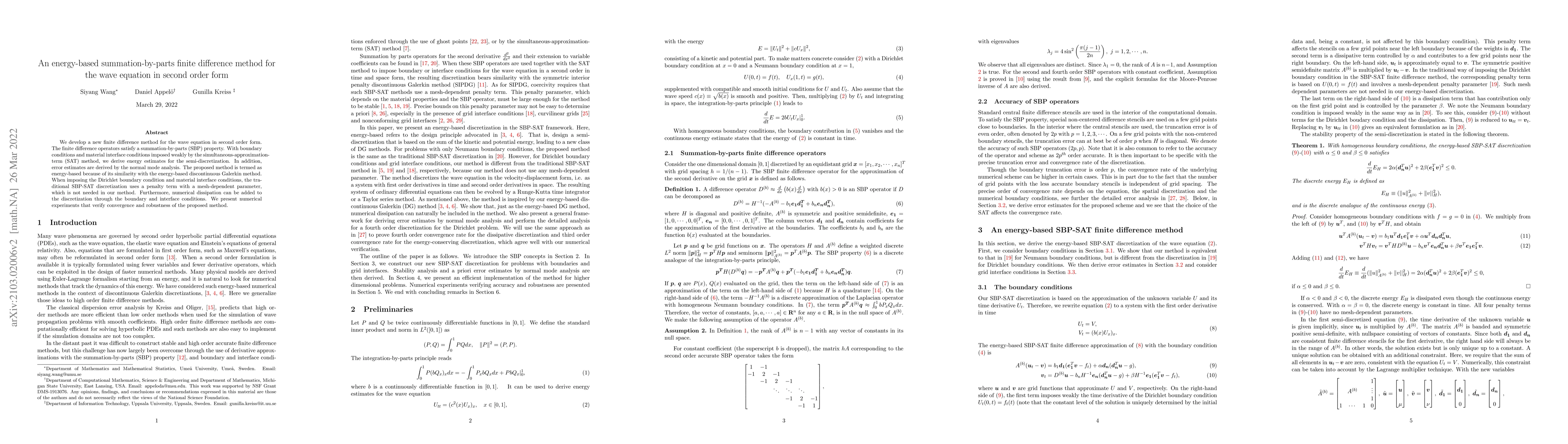 Thumbnail for An energy-based summation-by-parts finite difference method for the wave
  equation in second order form