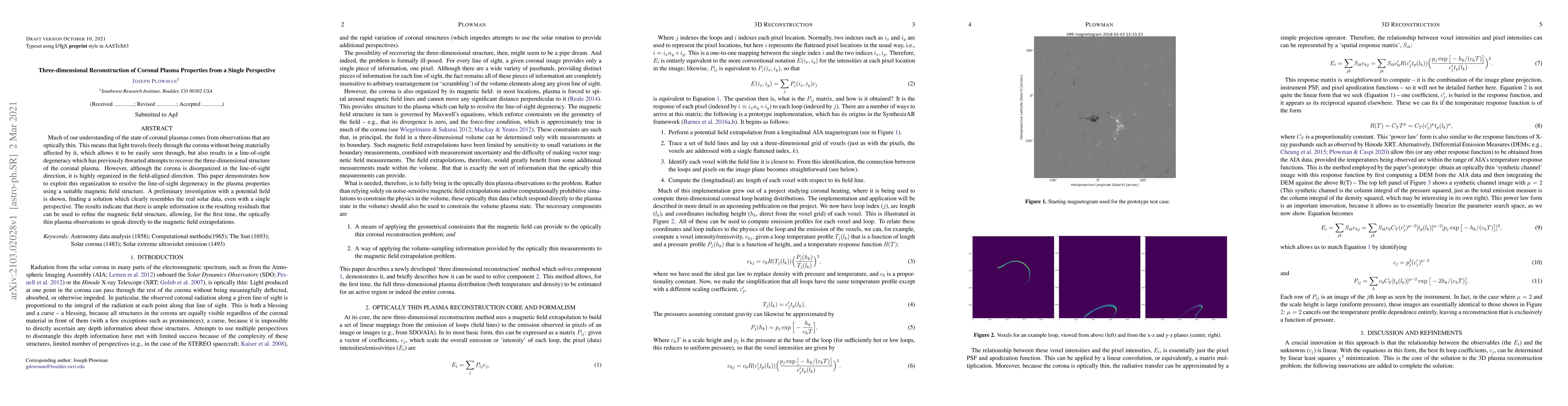Thumbnail for Three-dimensional Reconstruction of Coronal Plasma Properties from a
  Single Perspective