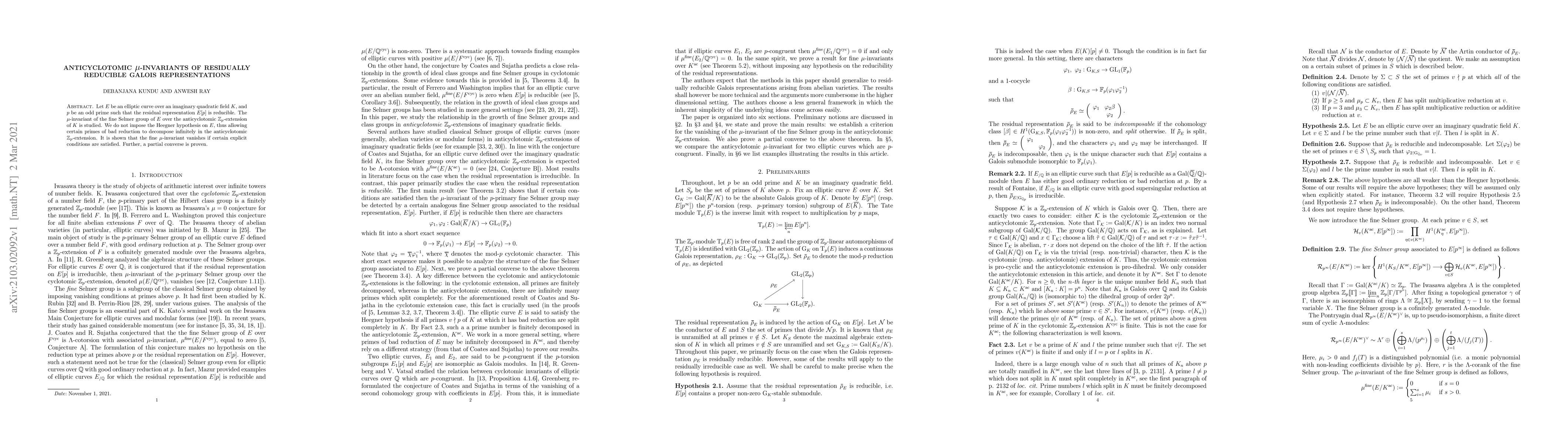 Thumbnail for Anticyclotomic $\large\mu$-invariants of residually reducible Galois
  Representations
