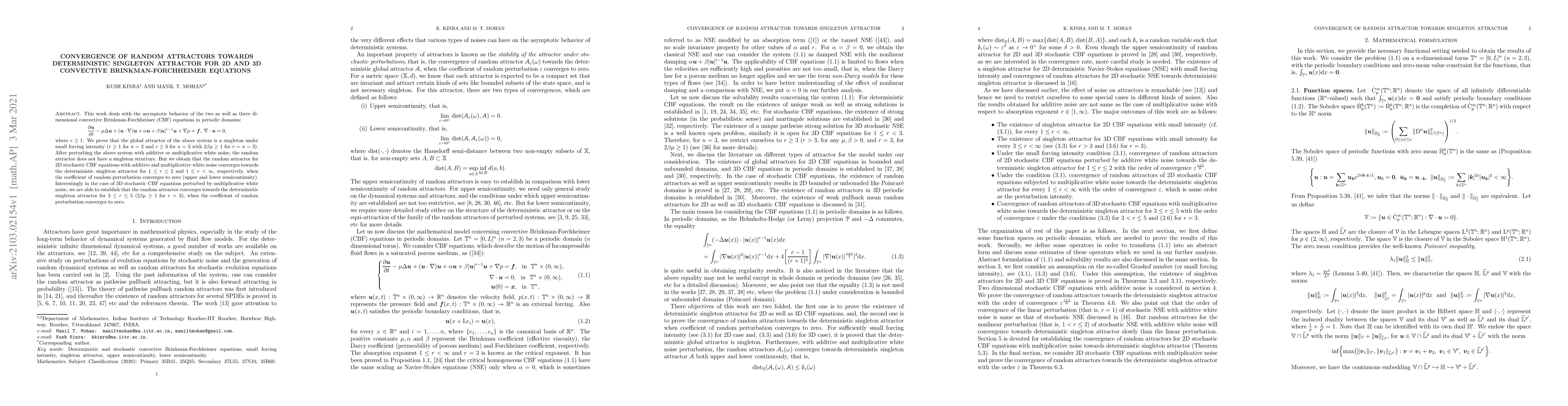 Thumbnail for Convergence of random attractors towards deterministic singleton
  attractor for 2D and 3D convective Brinkman-Forchheimer equations