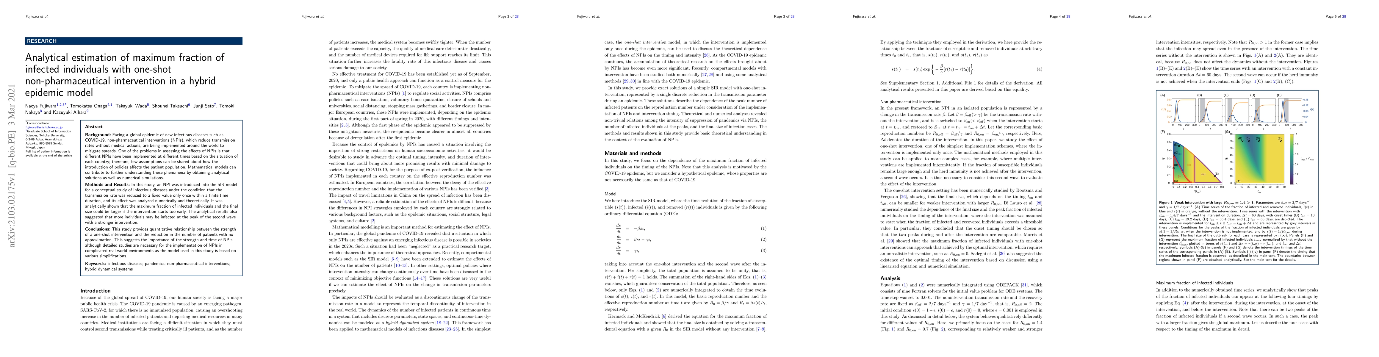 Thumbnail for Analytical estimation of maximum fraction of infected individuals with
  one-shot non-pharmaceutical intervention in a hybrid epidemic model
