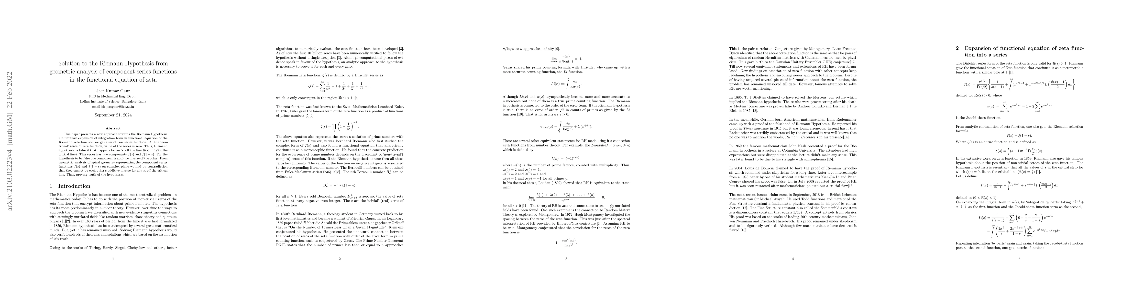 Thumbnail for Solution to the Riemann Hypothesis from geometric analysis of component
  series functions in the functional equation of zeta