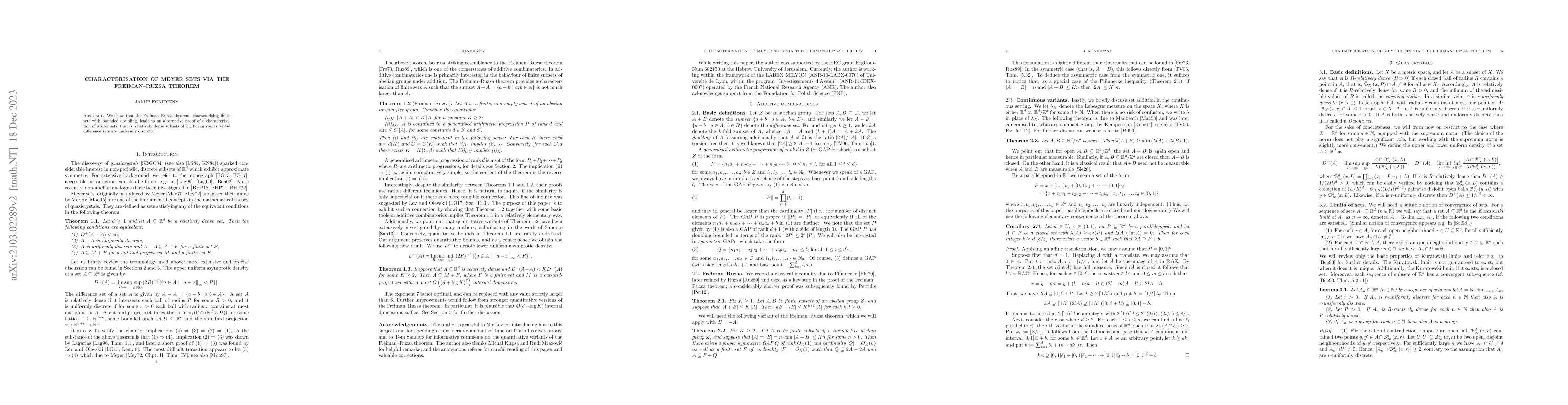 Thumbnail for Characterisation of Meyer sets via the Freiman--Ruzsa theorem