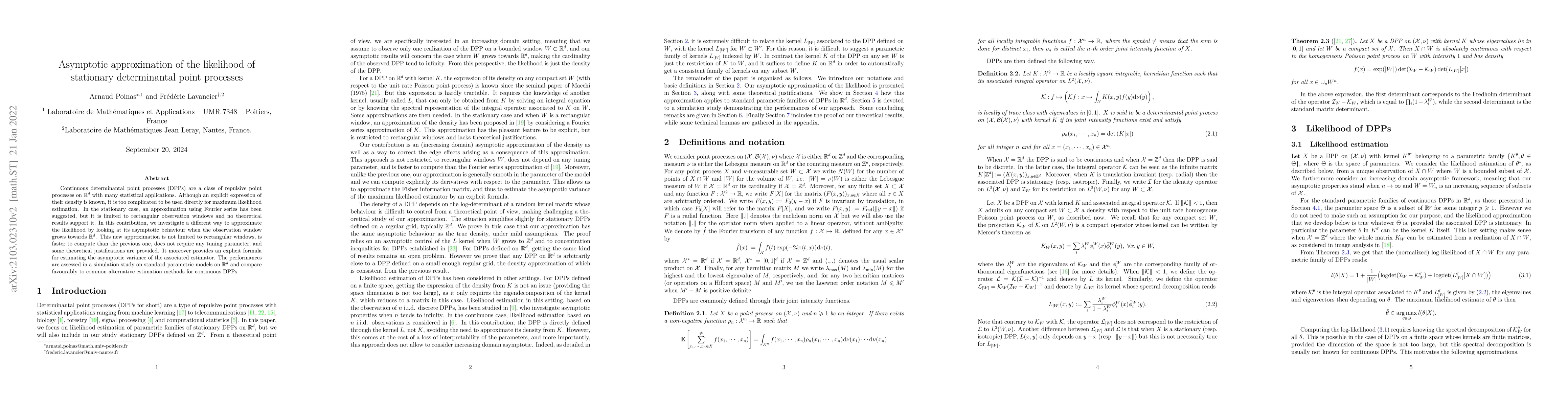 Thumbnail for Asymptotic approximation of the likelihood of stationary determinantal
  point processes