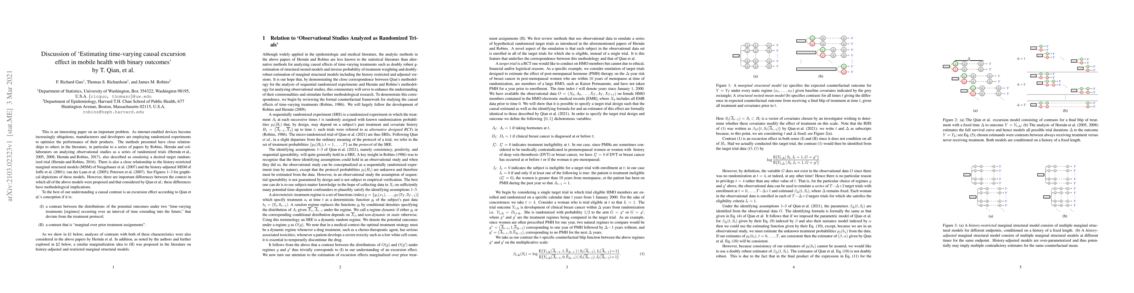 Thumbnail for Discussion of 'Estimating time-varying causal excursion effect in mobile
  health with binary outcomes' by T. Qian et al