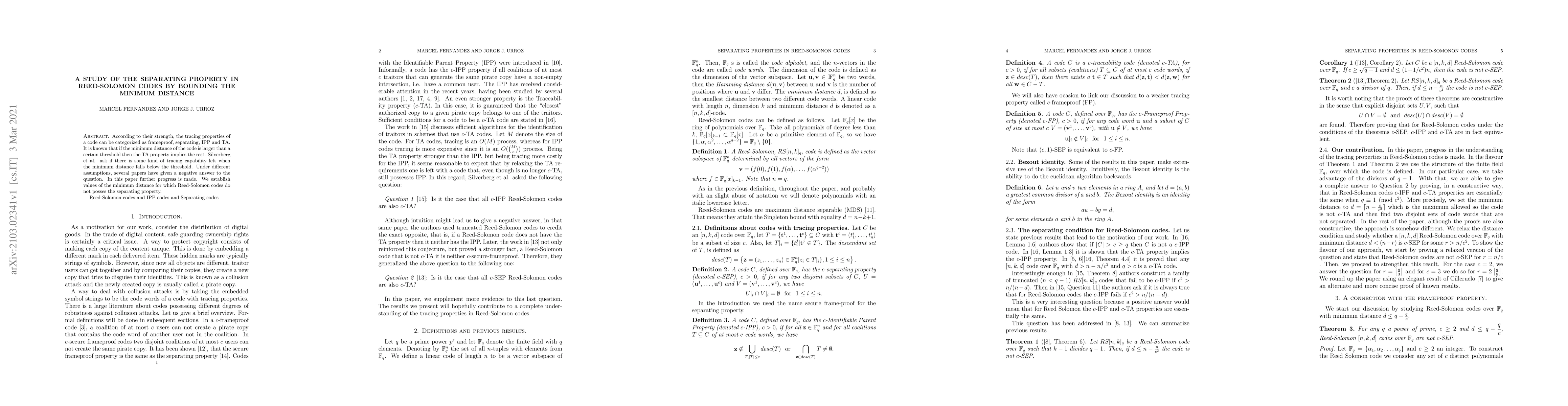 Thumbnail for A Study of the Separating Property in Reed-Solomon Codes by Bounding the
  Minimum Distance