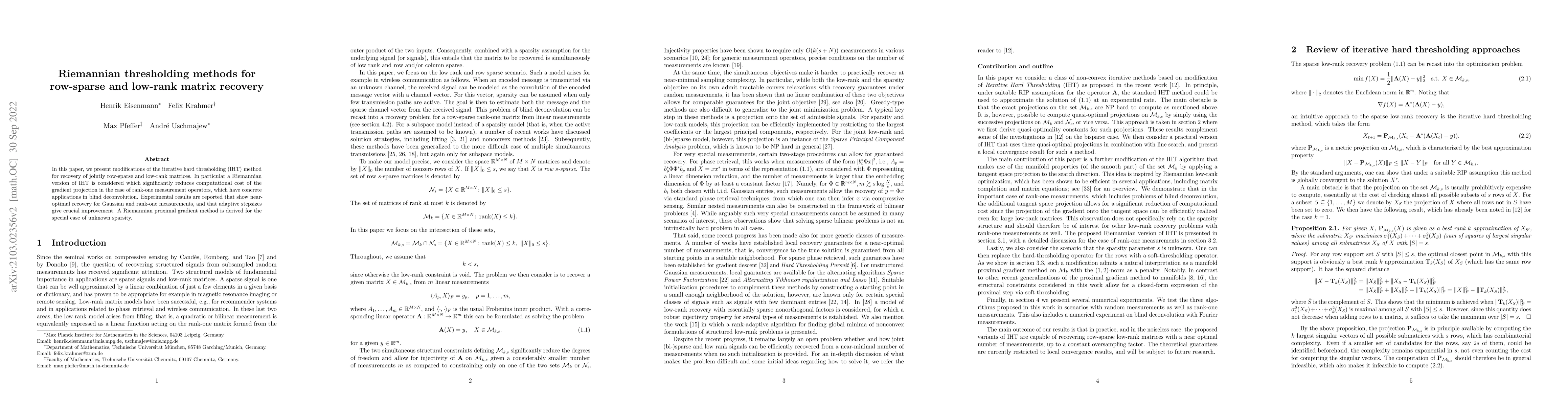 Thumbnail for Riemannian thresholding methods for row-sparse and low-rank matrix
  recovery