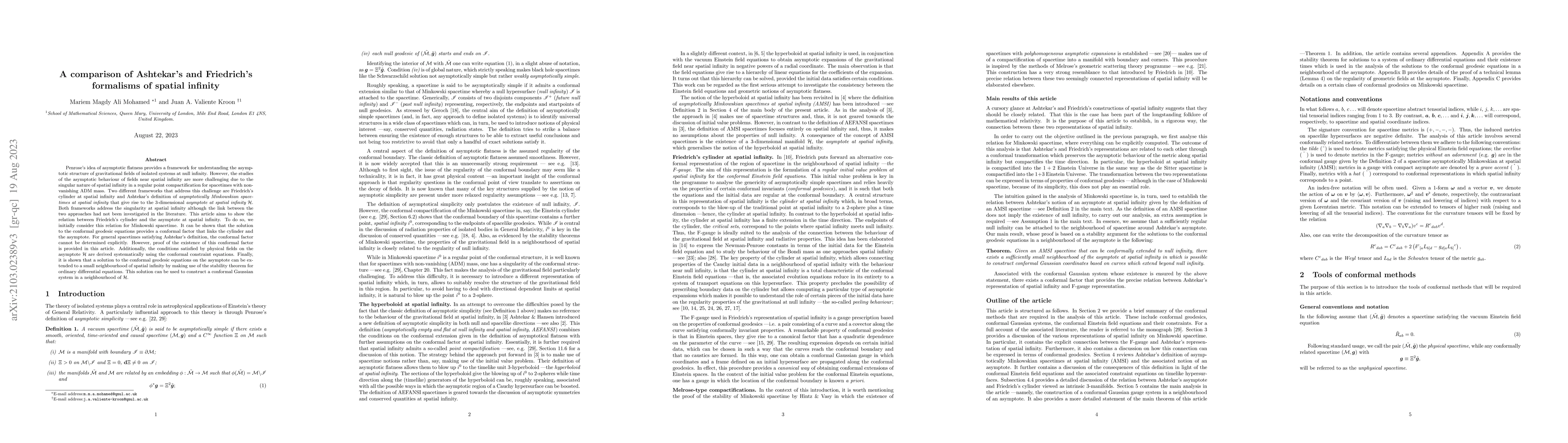 Thumbnail for A comparison of Ashtekar's and Friedrich's formalisms of spatial
  infinity
