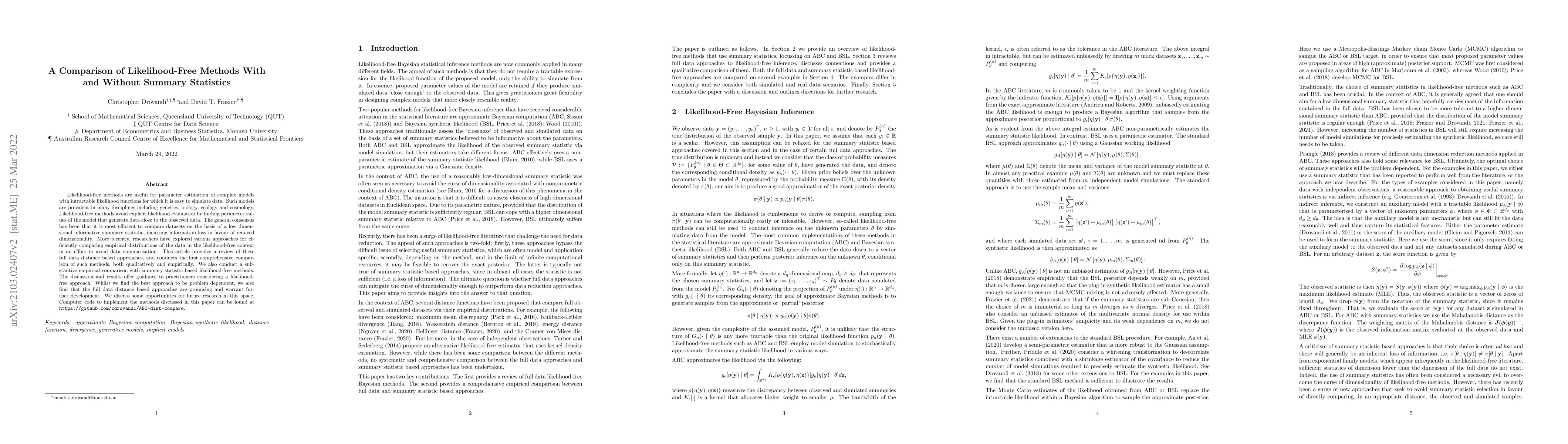 Thumbnail for A Comparison of Likelihood-Free Methods With and Without Summary
  Statistics