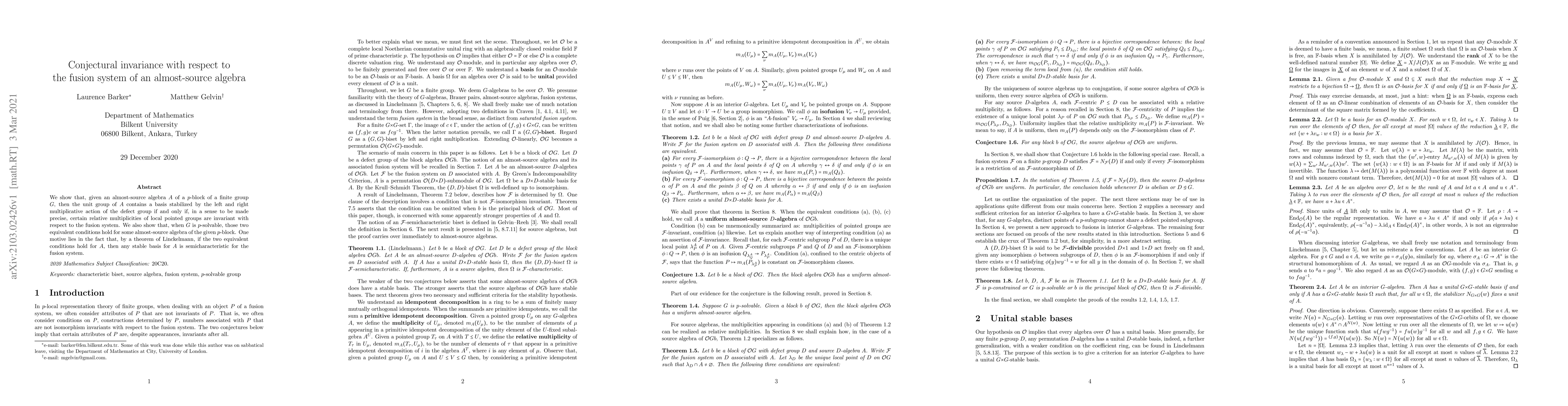 Thumbnail for Conjectural invariance with respect to the fusion system of an
  almost-source algebra