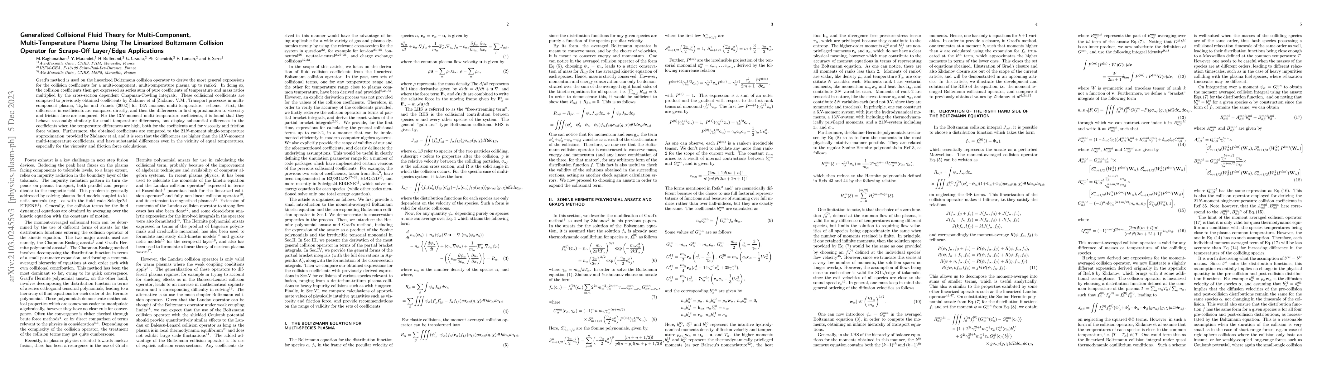 Thumbnail for Generalized Collisional Fluid Theory for Multi-Component,
  Multi-Temperature Plasma Using The Linearized Boltzmann Collision Operator
  for Scrape-Off Layer/Edge Applications